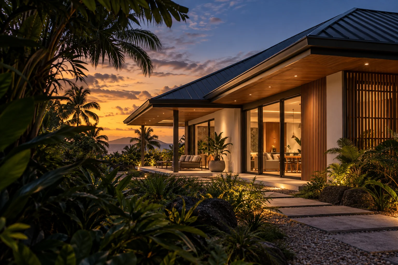 Vue conceptuelle d’une maison tropicale avec toiture métallique, bardage bois et menuiseries aluminium.
