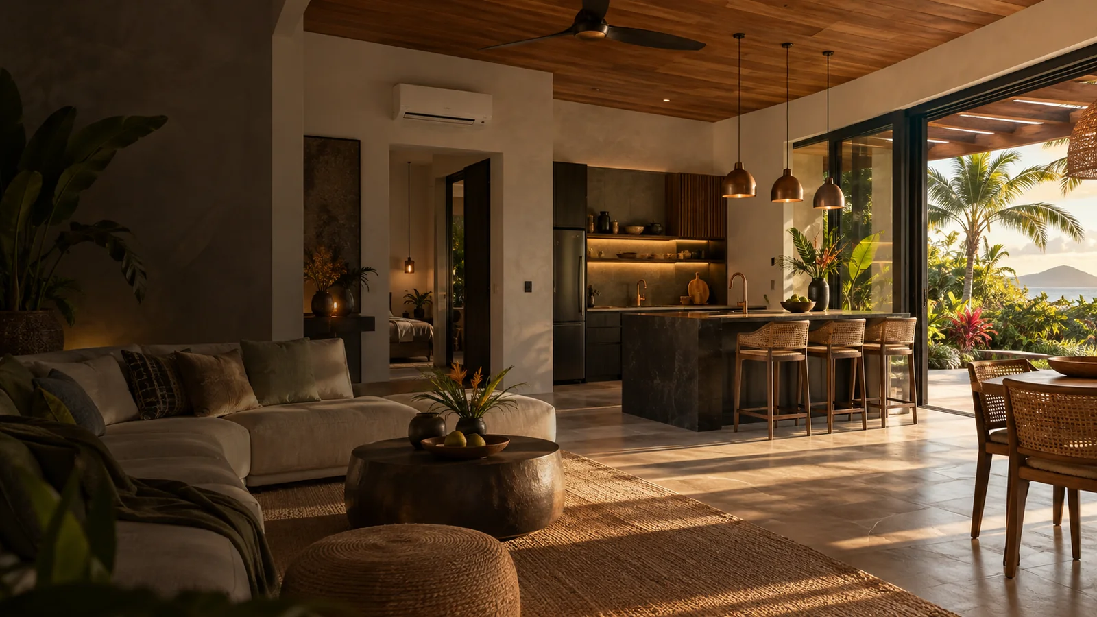 Vue conceptuelle d’un intérieur avec cuisine ouverte, climatisation, éclairage et jardin tropical.