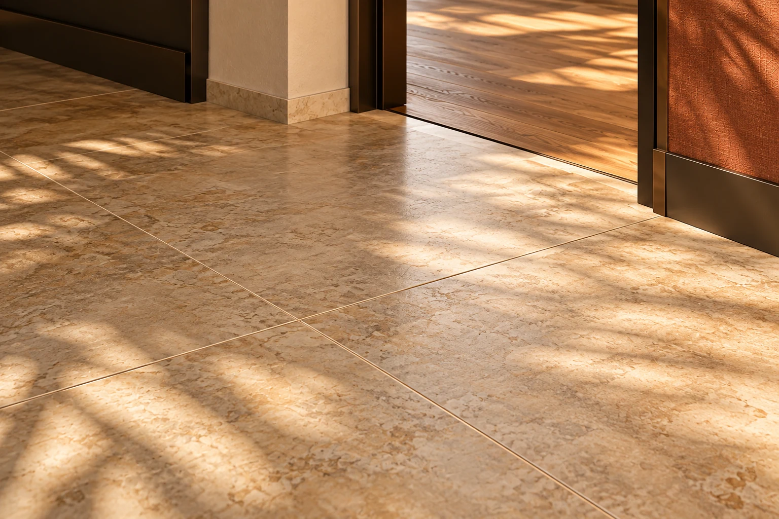 Détail des carreaux effet pierre et de leurs joints alignés dans l’intérieur KARUBAT.