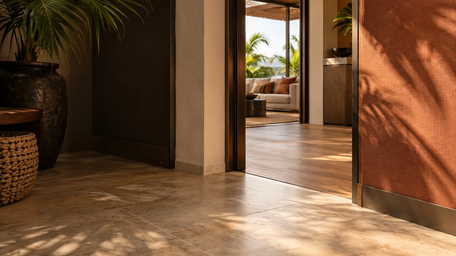 Vue conceptuelle de carrelage minéral, d’un sol aspect bois et d’un mur texturé dans un intérieur tropical.