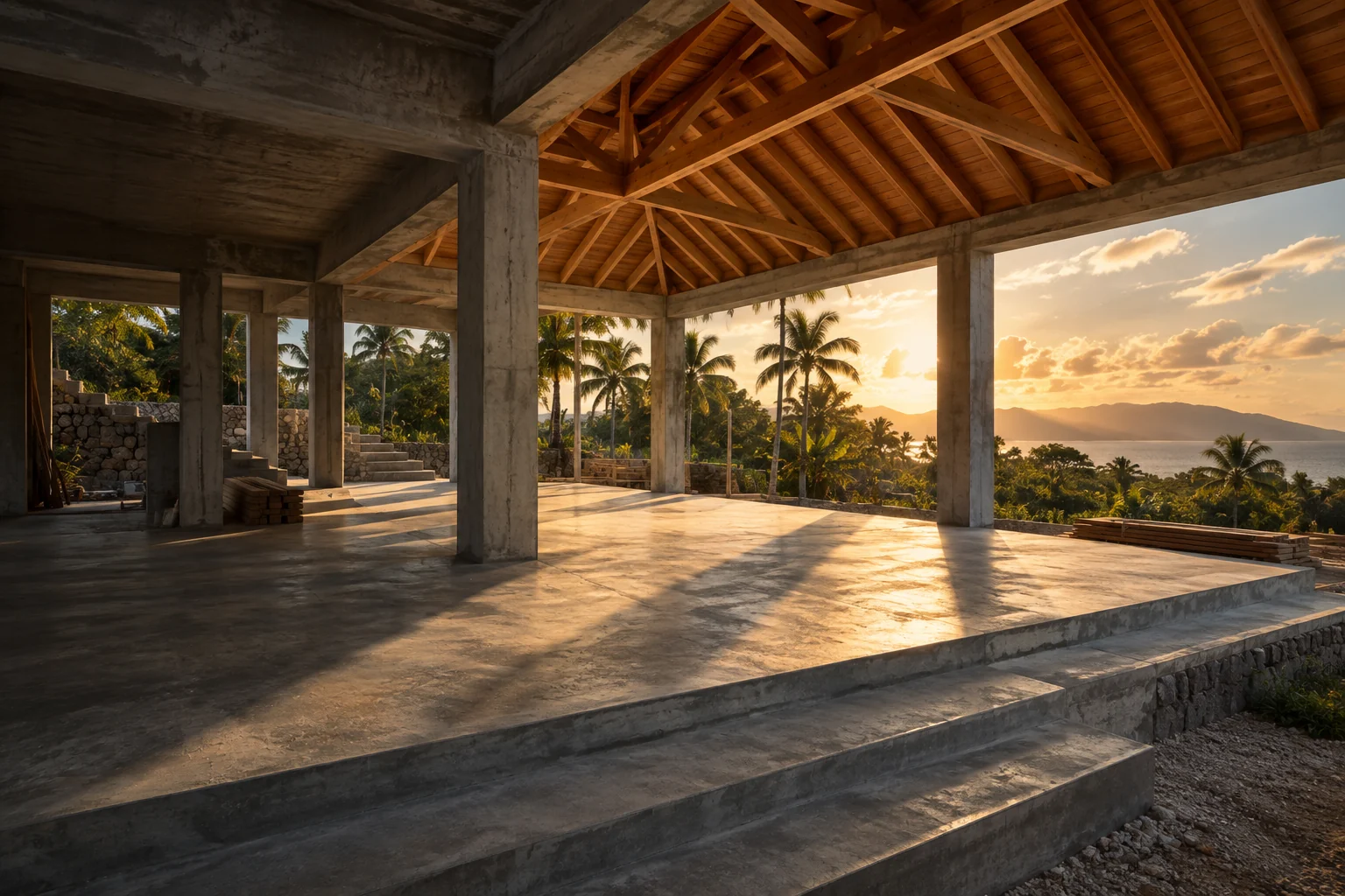 Vue conceptuelle d’une structure béton et d’une charpente bois ouvertes sur un paysage tropical.